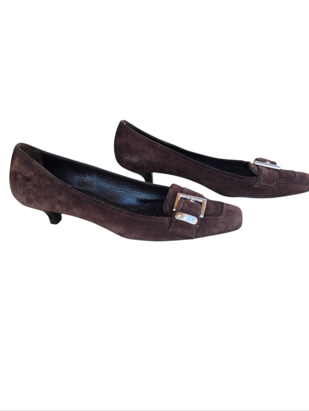 Vintage Prada Brown Suede Square Toe Kitten Heels Buckle Loafer Pumps Y2K Sz 8 - Picture 3 of 14
